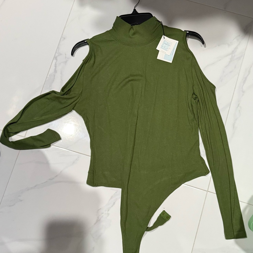 Green Asymmetrical Long Sleeve Bodysuit with Mandarin Collar